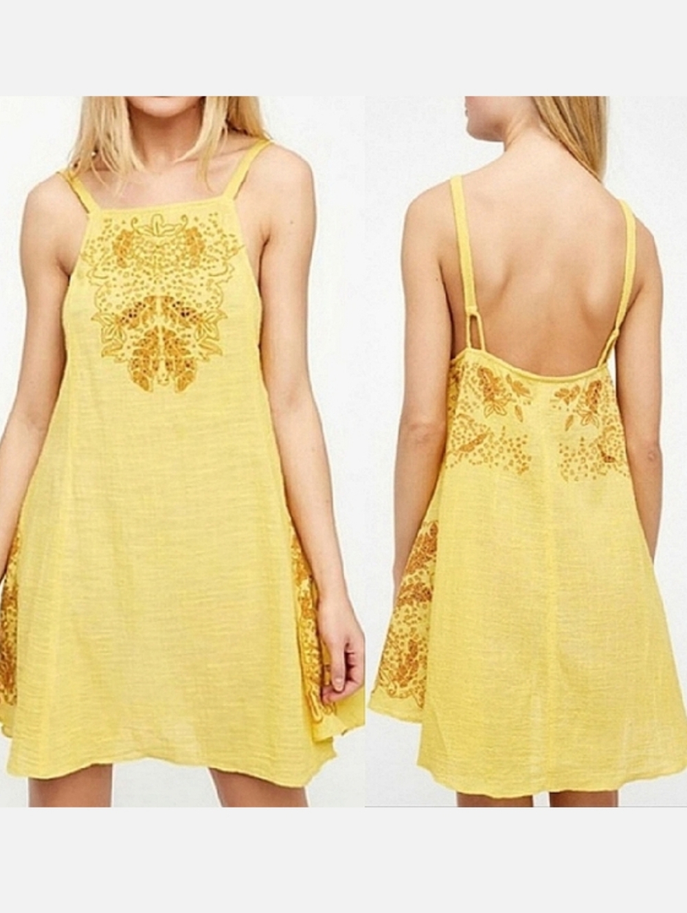 NWT Free People Floral Embroidery Dress Yellow Womens Size XS 100 Percent Cotton